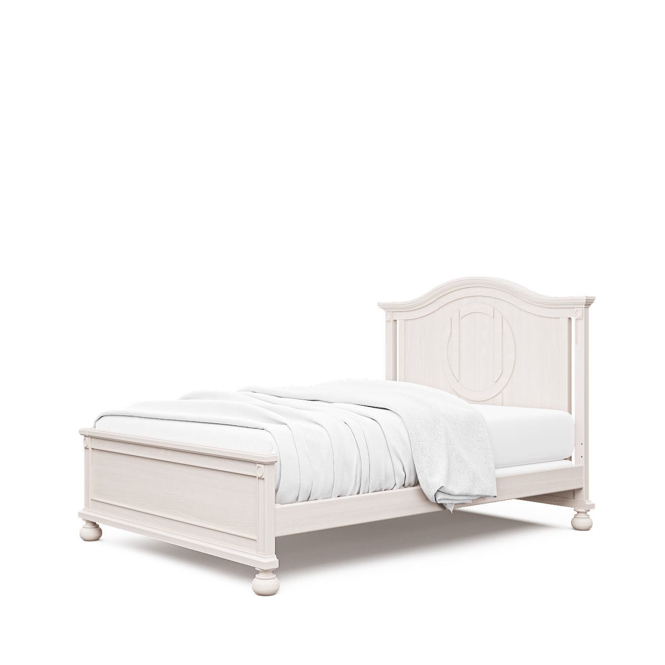 Dakota crib, converted to full bed (shown with optional low profile footboard), in washed white