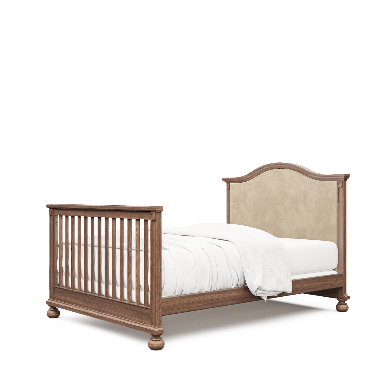 Dakota crib with beige velvet tufted headboard, converted to full bed, in nocello