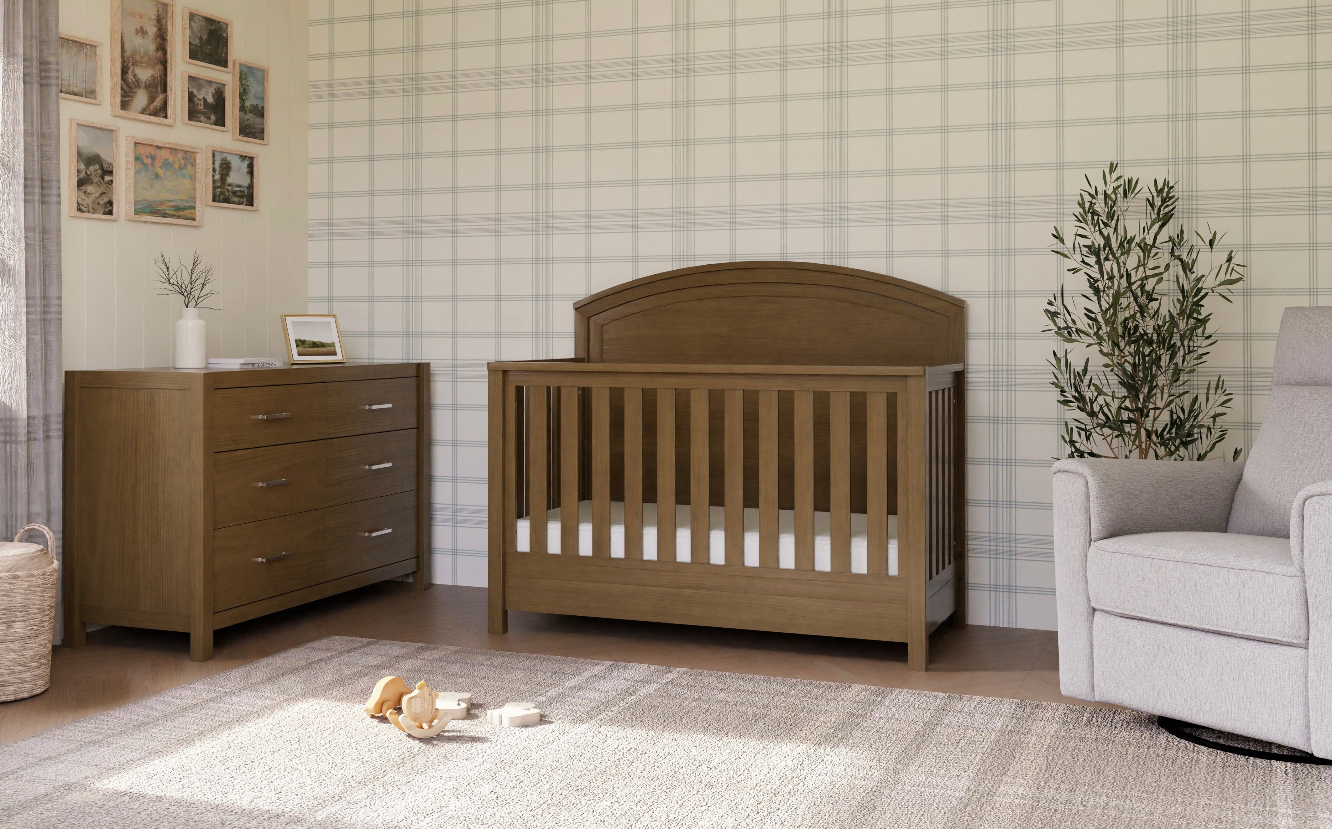 Hemsted Collection in distressed walnut, shown with crib and six drawer double dresser.