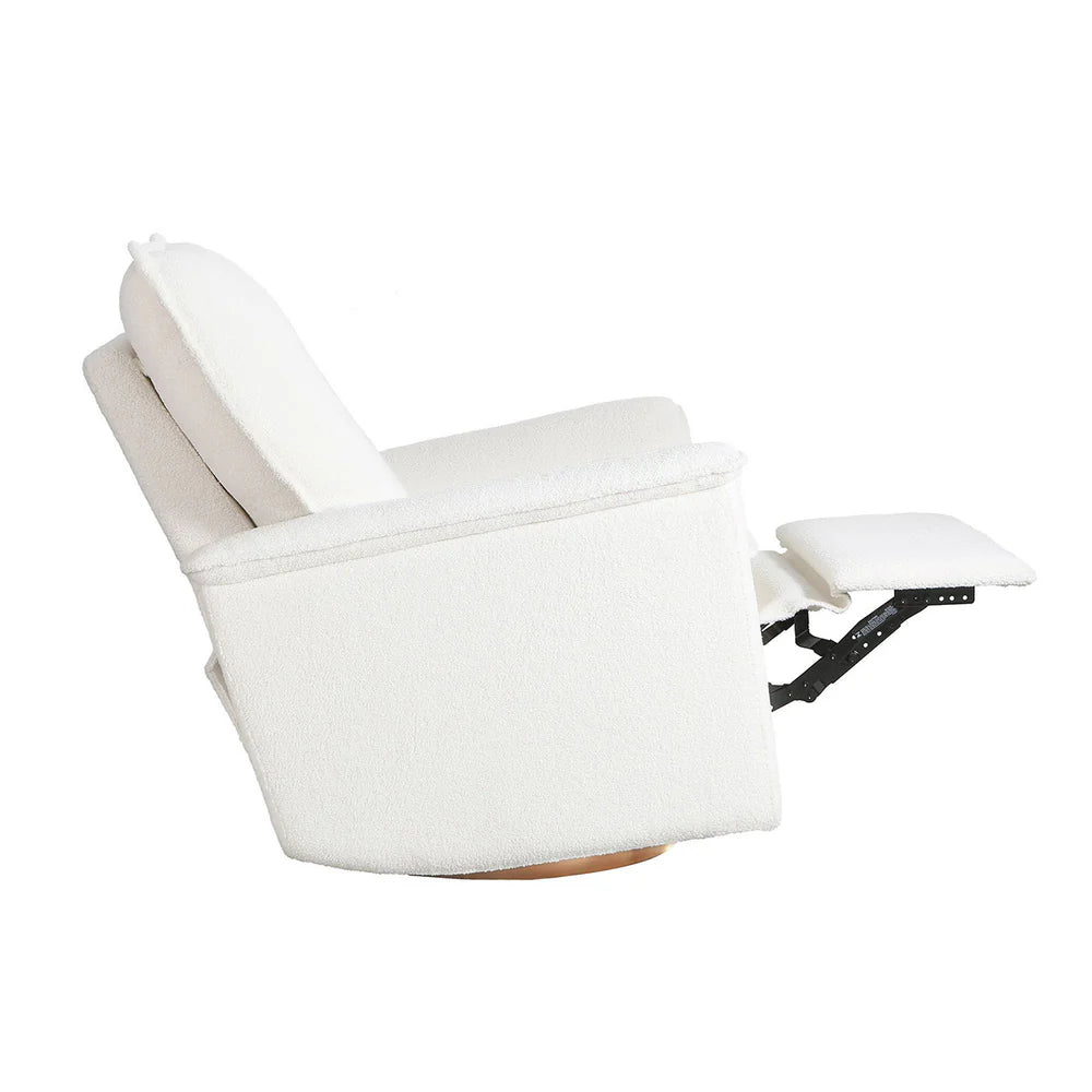 Dream power recliner, in reclined position, shown in cream fabric with wood base