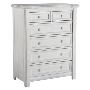 Cristallo six drawer chest in vintage white finish.