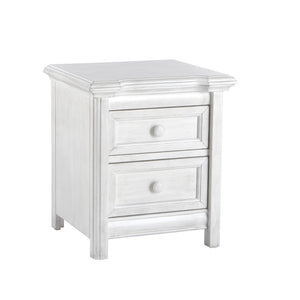 Cristallo two drawer nightstand in vintage white finish.