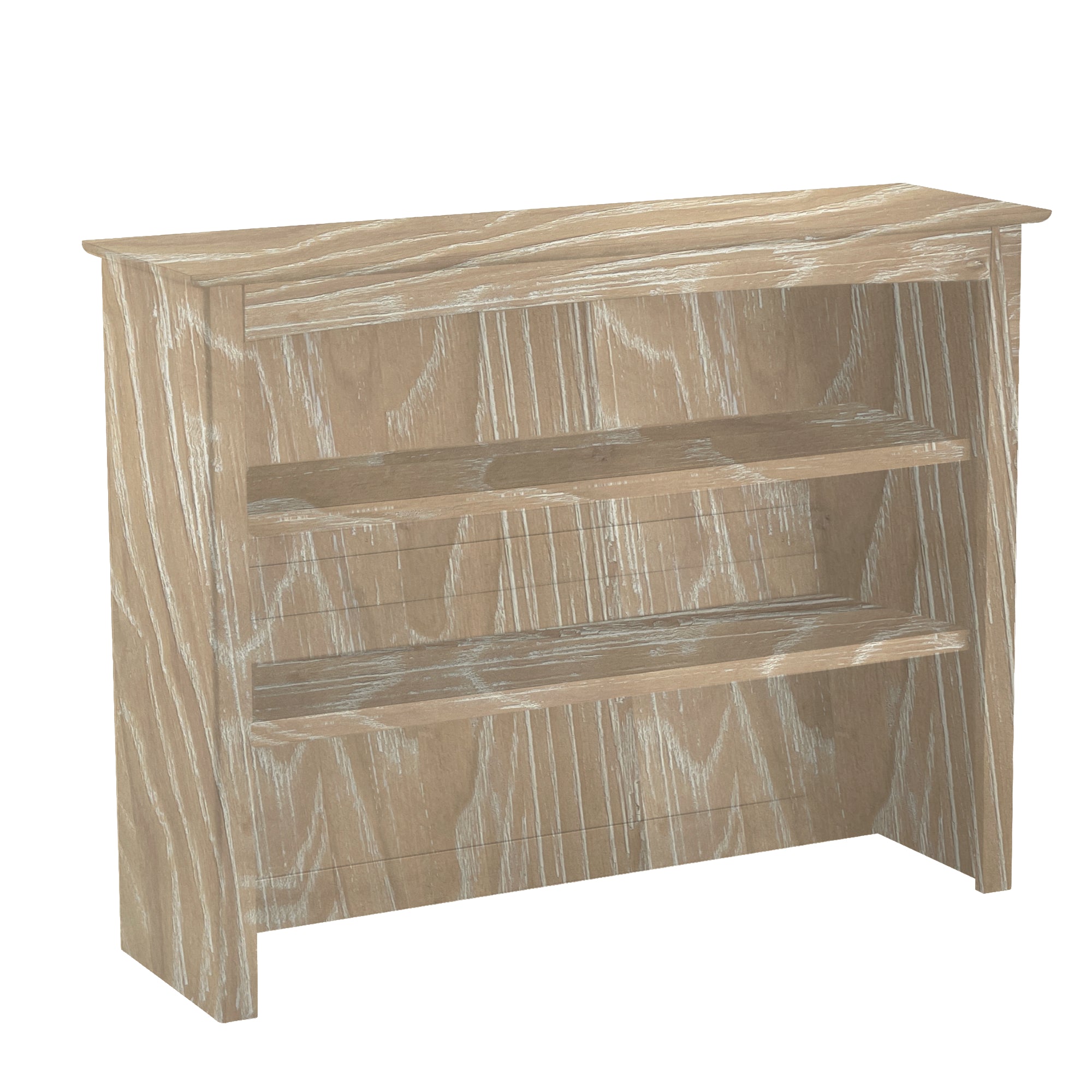 Wooden bookshelf with a textured  finish on a white background