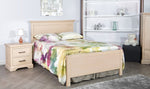 Load image into Gallery viewer, Bedroom with a wooden bed, nightstand, and shelves.
