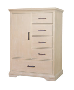 Beige wooden cabinet with four drawers and a door on a white background