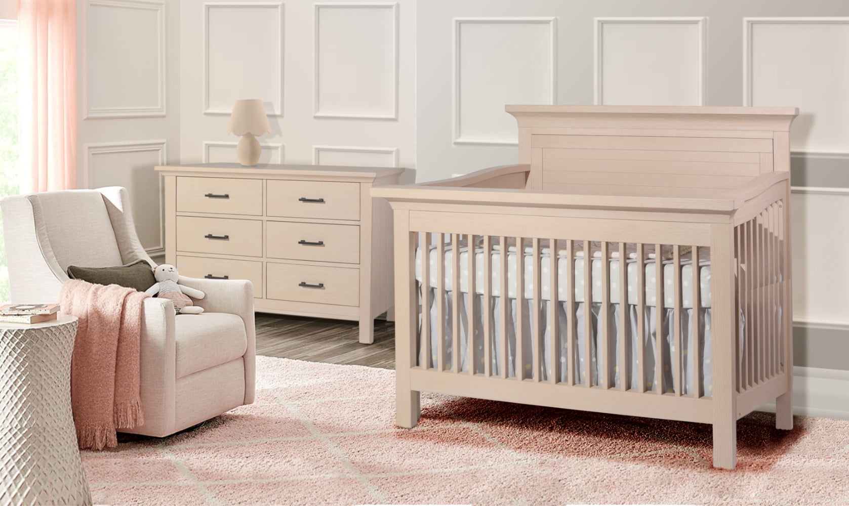 Nursery room with a crib, dresser, and chair in a soft color scheme.