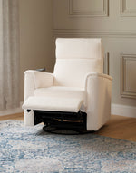 Load image into Gallery viewer, White recliner chair in a room with decorative wall paneling and a patterned rug.
