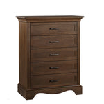 Load image into Gallery viewer, A five-drawer wooden chest of drawers in a medium brown finish, featuring dark metal bar handles and a traditional design with a curved apron and feet, shown on a plain white background.
