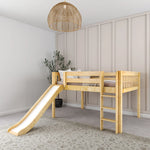 Load image into Gallery viewer, Wooden children's bed with slide in a room with white walls and a plant.
