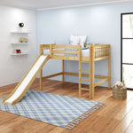 Load image into Gallery viewer, Wooden children's bed with slide in a room with blue walls and wooden floor.
