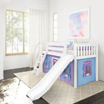 Load image into Gallery viewer, Twin size white loft bed with ladder, slide and tent on bottom 
