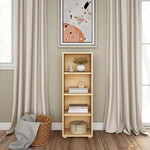 Load image into Gallery viewer, A tall, narrow light wood bookcase with four shelves stands in a styled room between two beige curtains, holding books, a small vase, and decor. A framed abstract print hangs above, with a basket and folded blanket on the floor below.
