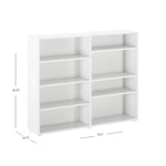 Load image into Gallery viewer, White wooden bookcase with five shelves on the left side and four shelves on the right side, shown with dimension lines indicating 42.25 inches tall, 10.

