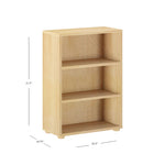 Load image into Gallery viewer, A light natural wood bookshelf with three shelves, shown with dimension lines indicating a height of 31.5 inches, width of 22.
