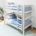 Load image into Gallery viewer, White bunk bed with blue bedding in a room setting
