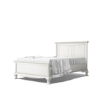 Load image into Gallery viewer, A white wooden full bed with a tall panel headboard and matching footboard, shown with white bedding and a white throw on a clean white background.
