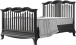 Load image into Gallery viewer, A dark gray wooden bed frame with a tall slatted headboard and matching footboard, shown with a mattress and white bedding on a plain white background.
