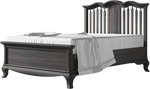 Load image into Gallery viewer, A dark gray wooden bed frame with a tall slatted headboard and matching footboard, shown with white bedding on a solid white background.
