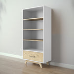 Load image into Gallery viewer, White bookshelf with wooden drawer against a gray wall

