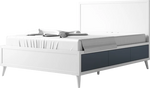 Load image into Gallery viewer, A modern platform bed frame with a white finish and dark gray storage drawers underneath, shown with white bedding on a solid white background.

