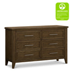 Load image into Gallery viewer, A six-drawer wooden dresser in a dark brown finish with silver metal handles, shown on a white background with a green UL GreenGuard Gold certification badge in the top right corner.
