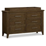 Load image into Gallery viewer, A six-drawer wooden dresser with a matching top tray, finished in a dark brown wood grain with silver metal handles, shown on a white background.
