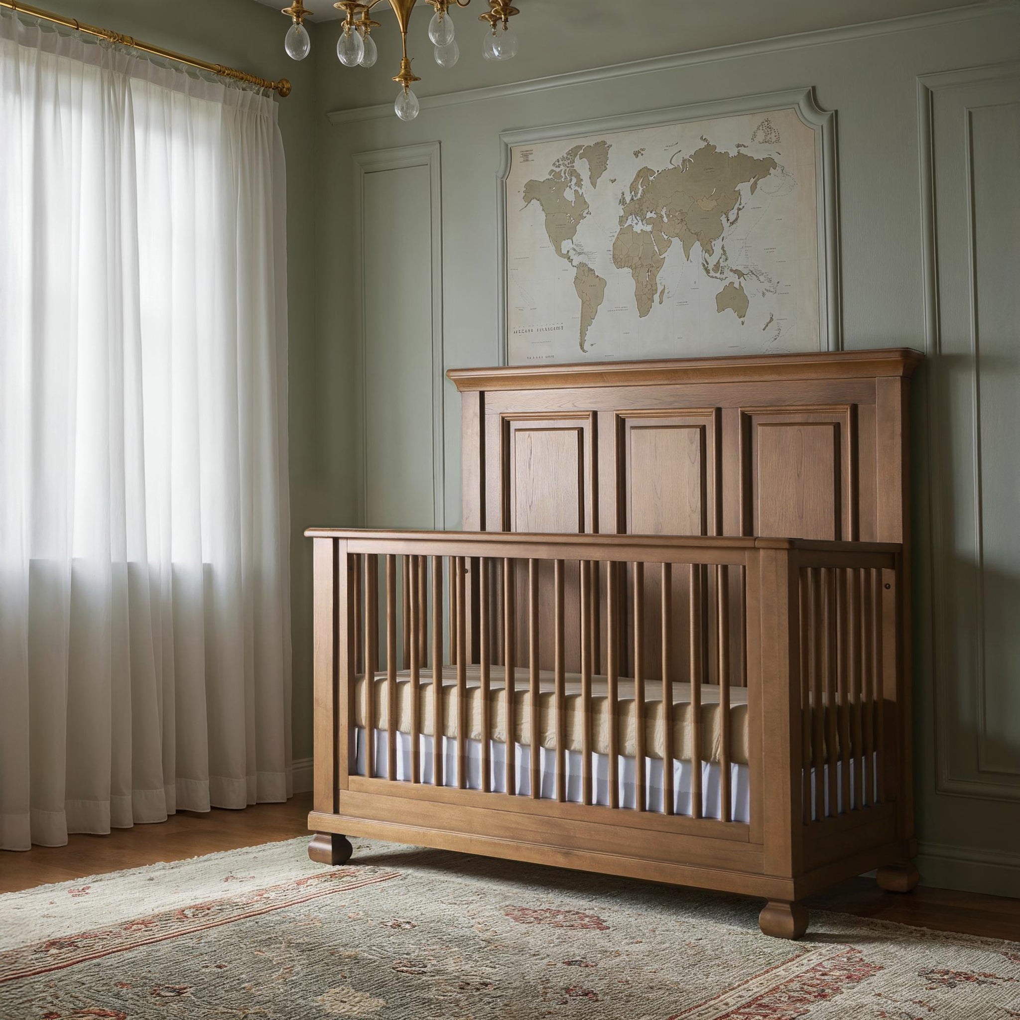 Wooden crib in a room with a world map on the wall