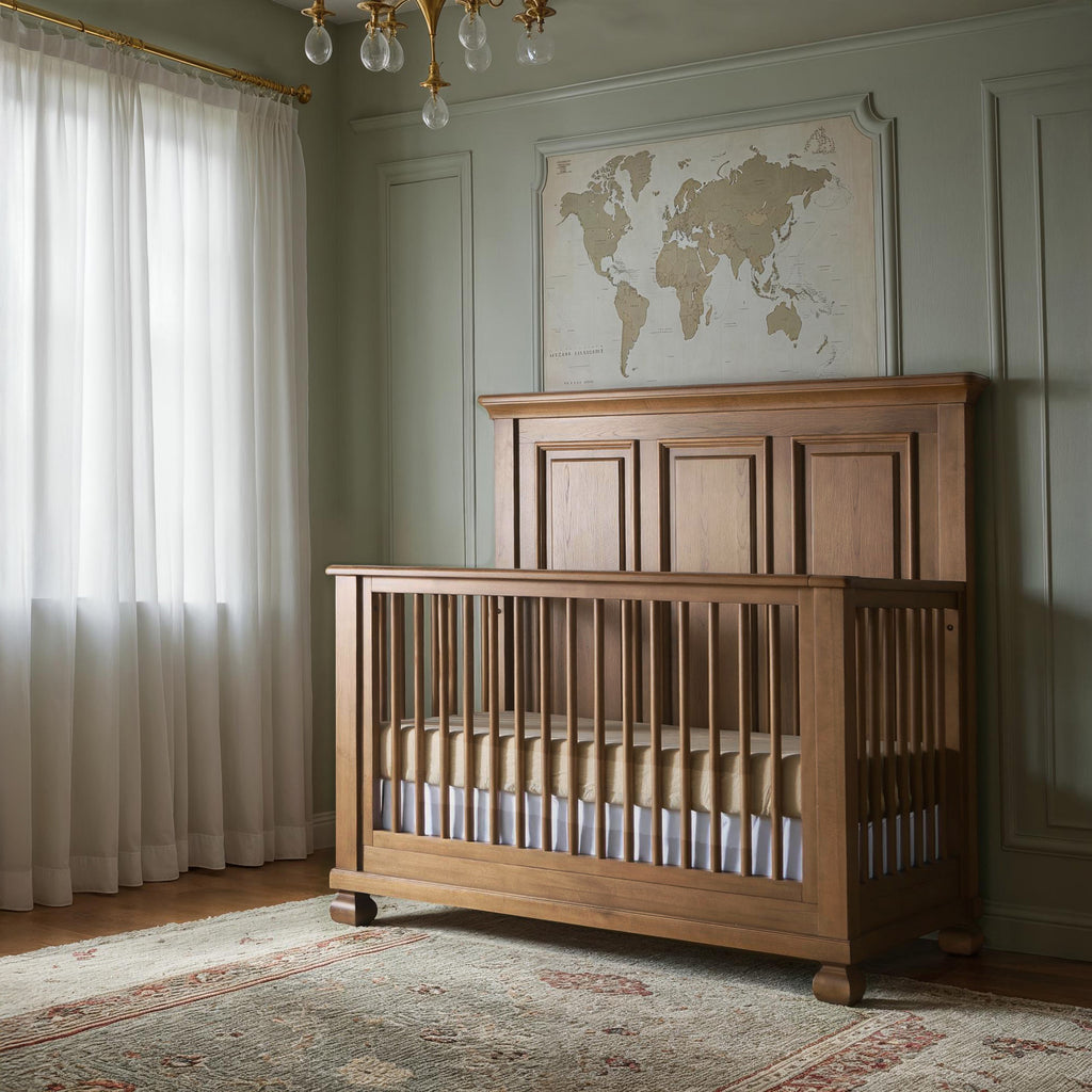 Wooden crib in a room with a world map on the wall