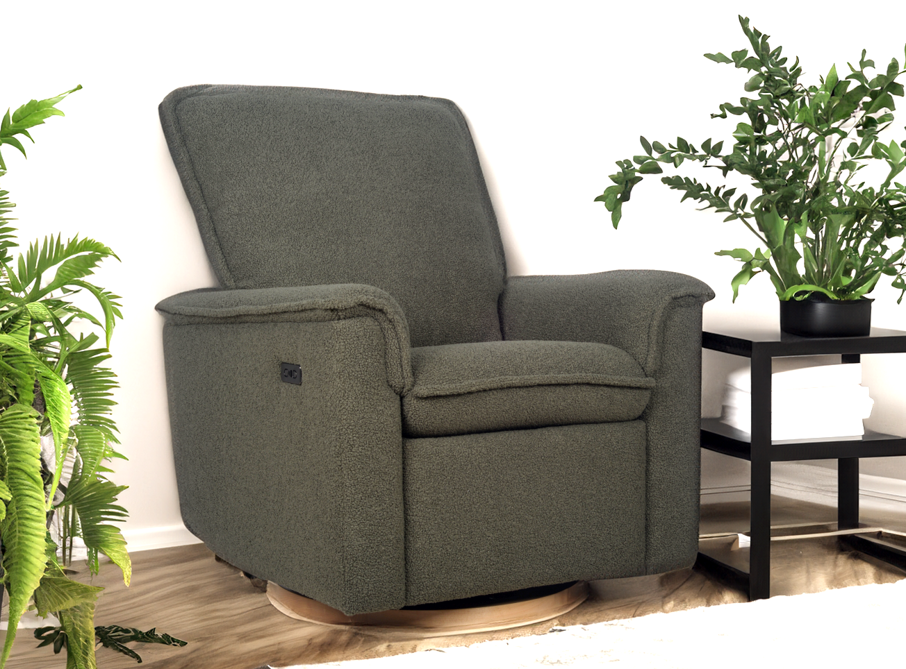 Dream power recliner, shown in sage fabric with wood base