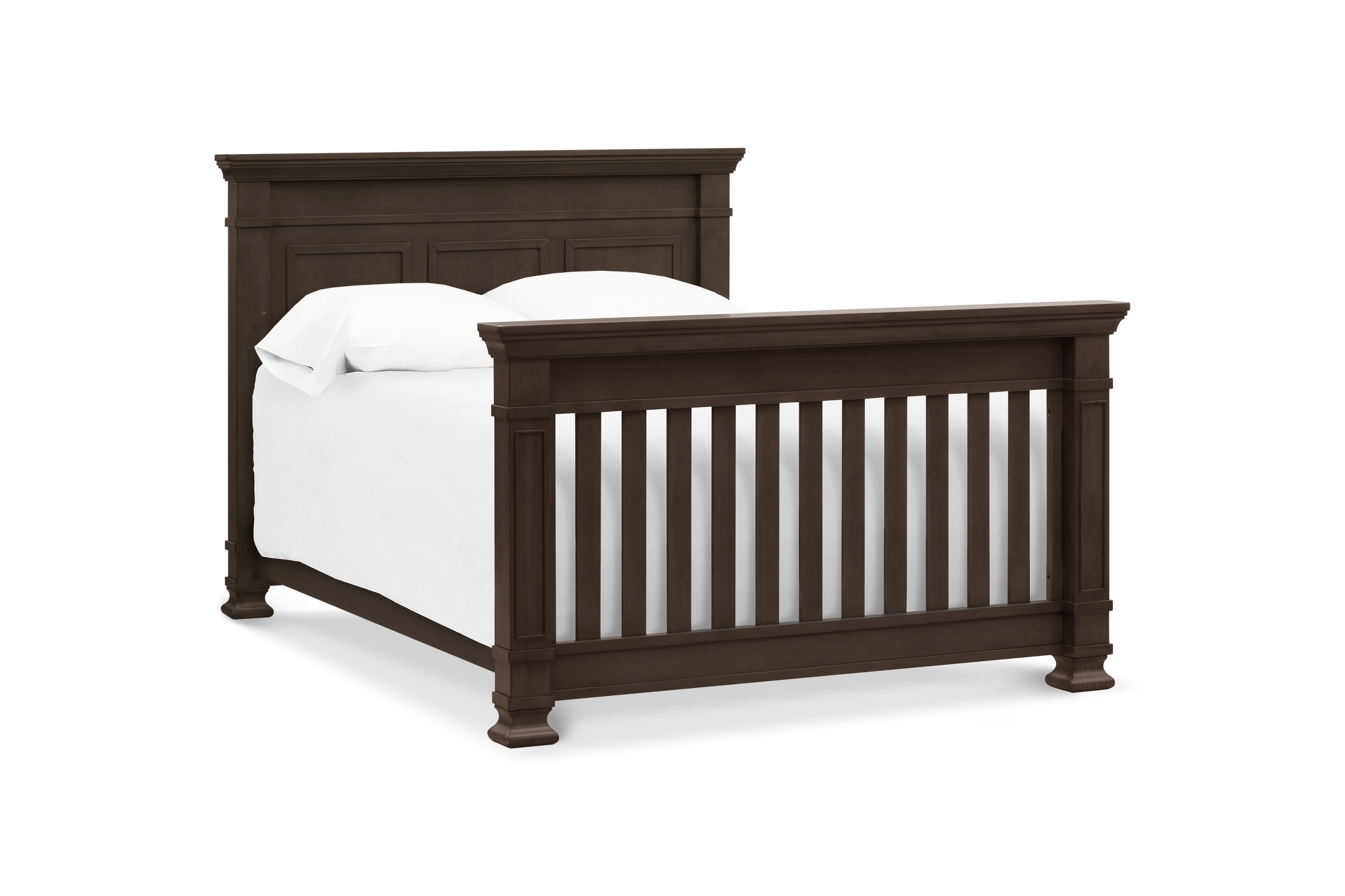 Tillen crib converted to full bed, shown in truffle 