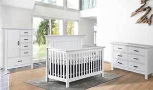 Como flat top crib, double dresser, & chifforobe, shown in vintage white