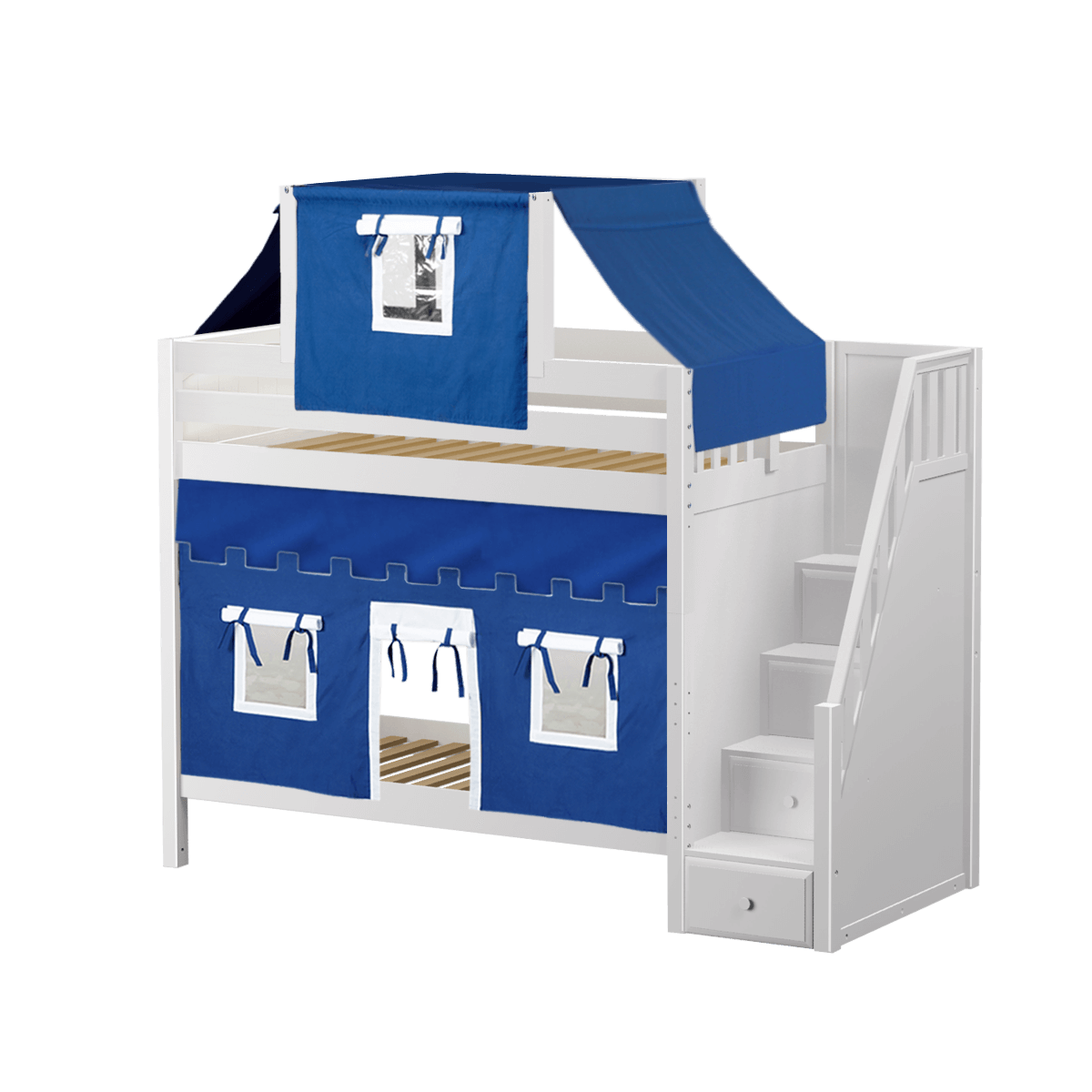 Maxtrix twin over twin bunk bed with stairs & top & lower tents (shown in white w/blue tents)