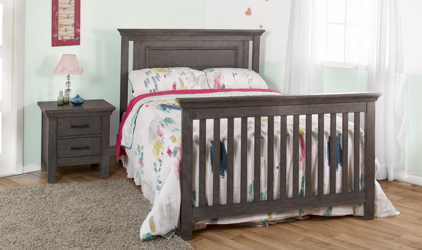 Como flat top crib in distressed granite, converted to full bed, shown with nightstand 