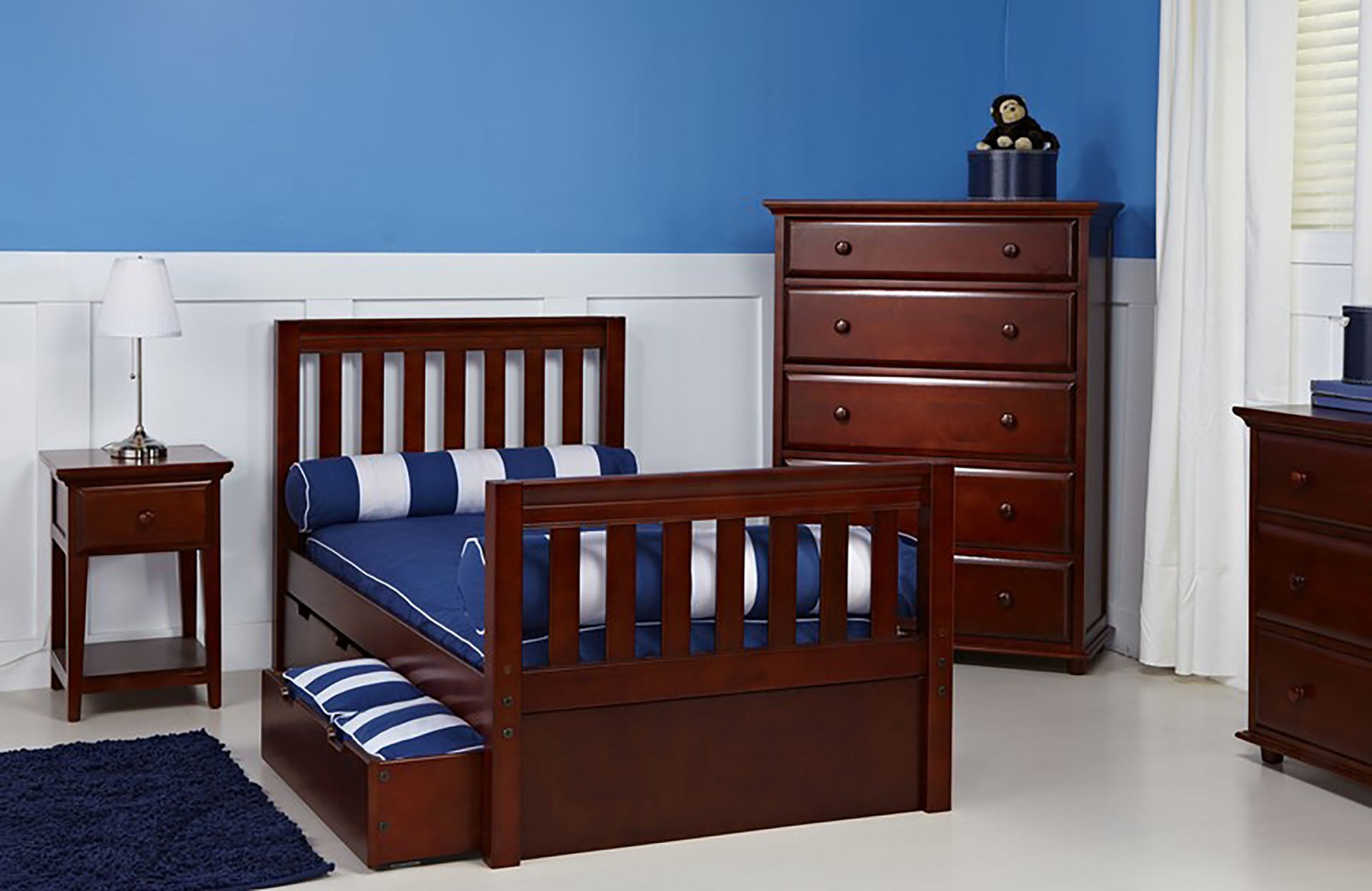 Maxtrix bedroom in chestnut with twin bed, underbed storage drawers, five drawer chest, & one drawer nightstand 