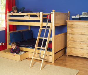 Maxtrix set of two storage drawers in natural, shown underneath a bunk bed.
