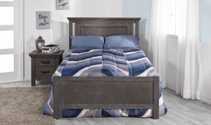 Como flat top crib converted to full size bed with optional low profile footboard & nightstand, shown in distressed granite