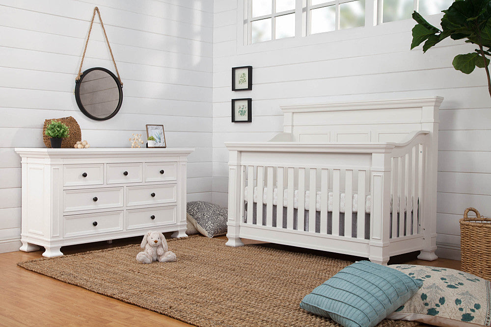 Tillen collection (crib & double dresser), shown in warm white 