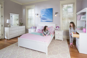 Maxtrix bedroom with full bed, double dresser with mirror, desk & hutch, & nightstands, shown in white