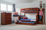 Load image into Gallery viewer, Maxtrix panel style twin over full bunk bed with stairs, shown in chestnut, with trundle and four drawer chest
