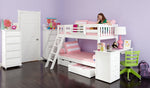 Load image into Gallery viewer, Maxtrix slat style twin over twin bunk bed with angled ladder, shown in white, with underbed storage drawers &amp; desk
