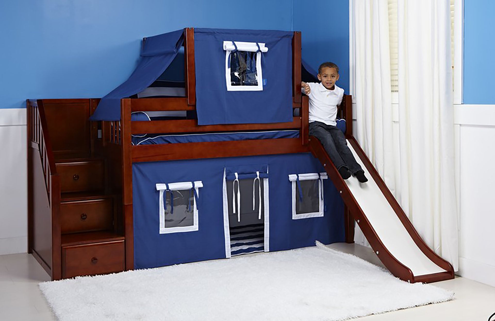 Maxtrix twin size low loft with stairs, slide, & top & lower blue tents, shown in chestnut.