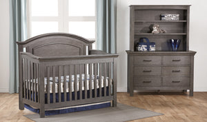 Como curved top crib with double dresser & hutch, shown in distressed granite