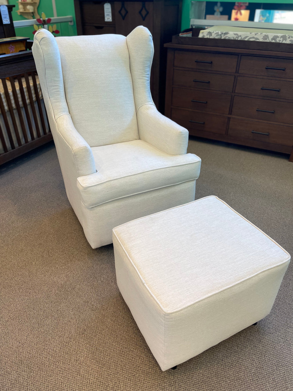 Wingback glider & ottoman in cream fabric 