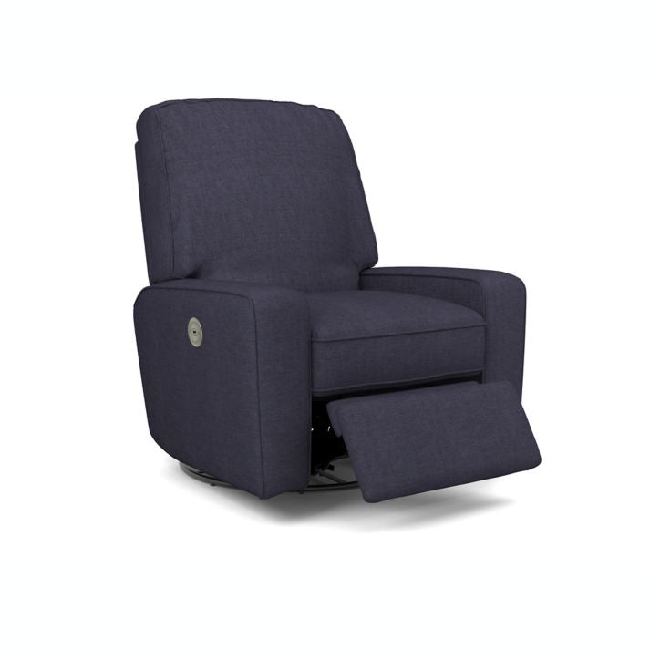 Brixy glider recliner with power option, shown in navy blue.