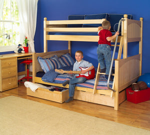 Maxtrix panel style twin over full bunk bed with underbed storage drawers & desk, shown in natural