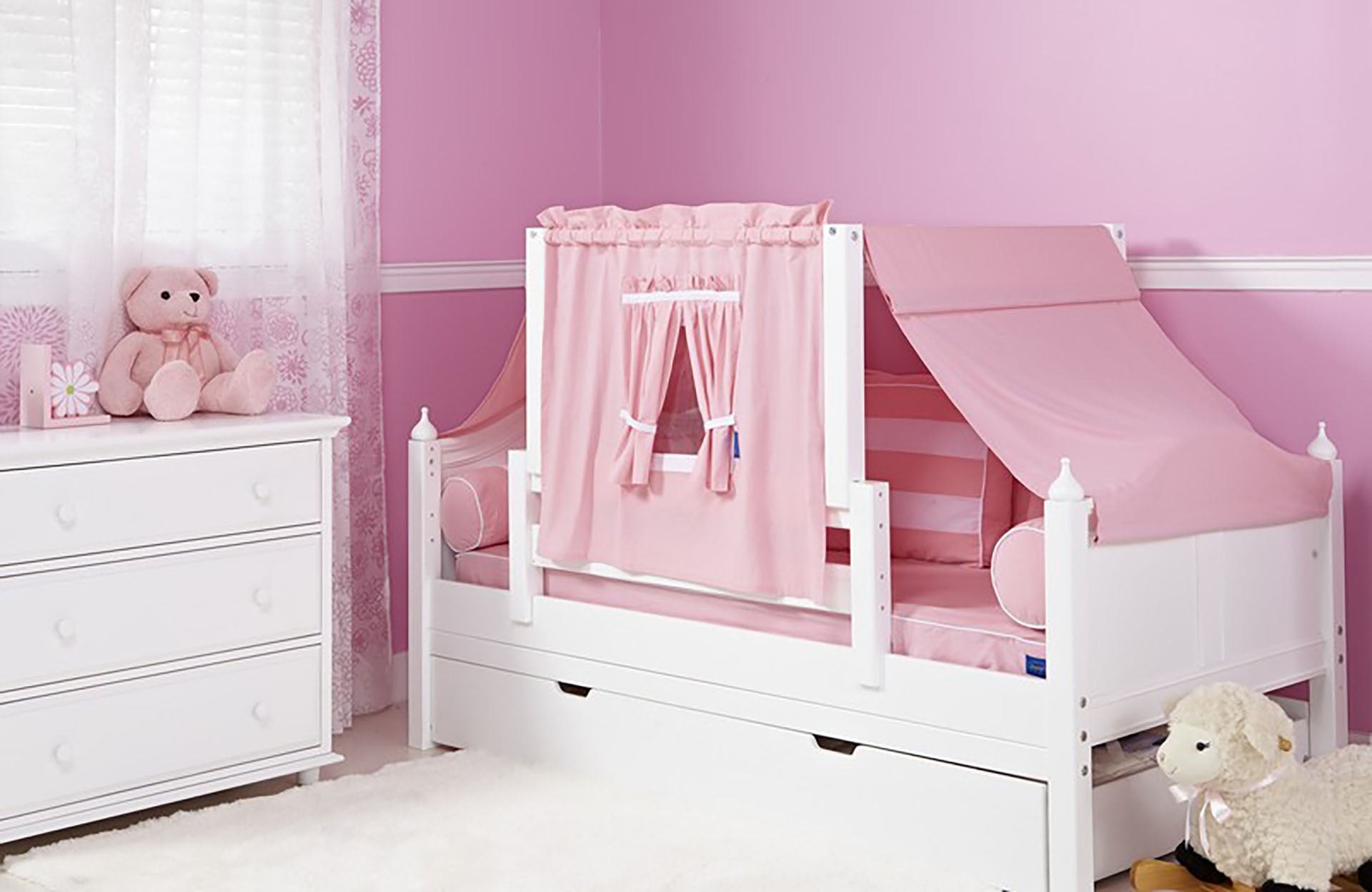 Maxtrix daybed with top tent (pink), trundle, & three drawer dresser (shown in white)