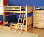 Load image into Gallery viewer, Twin over twin panel style bunk bed with angled ladder and underbed storage. Shown in natural with five drawer chest.
