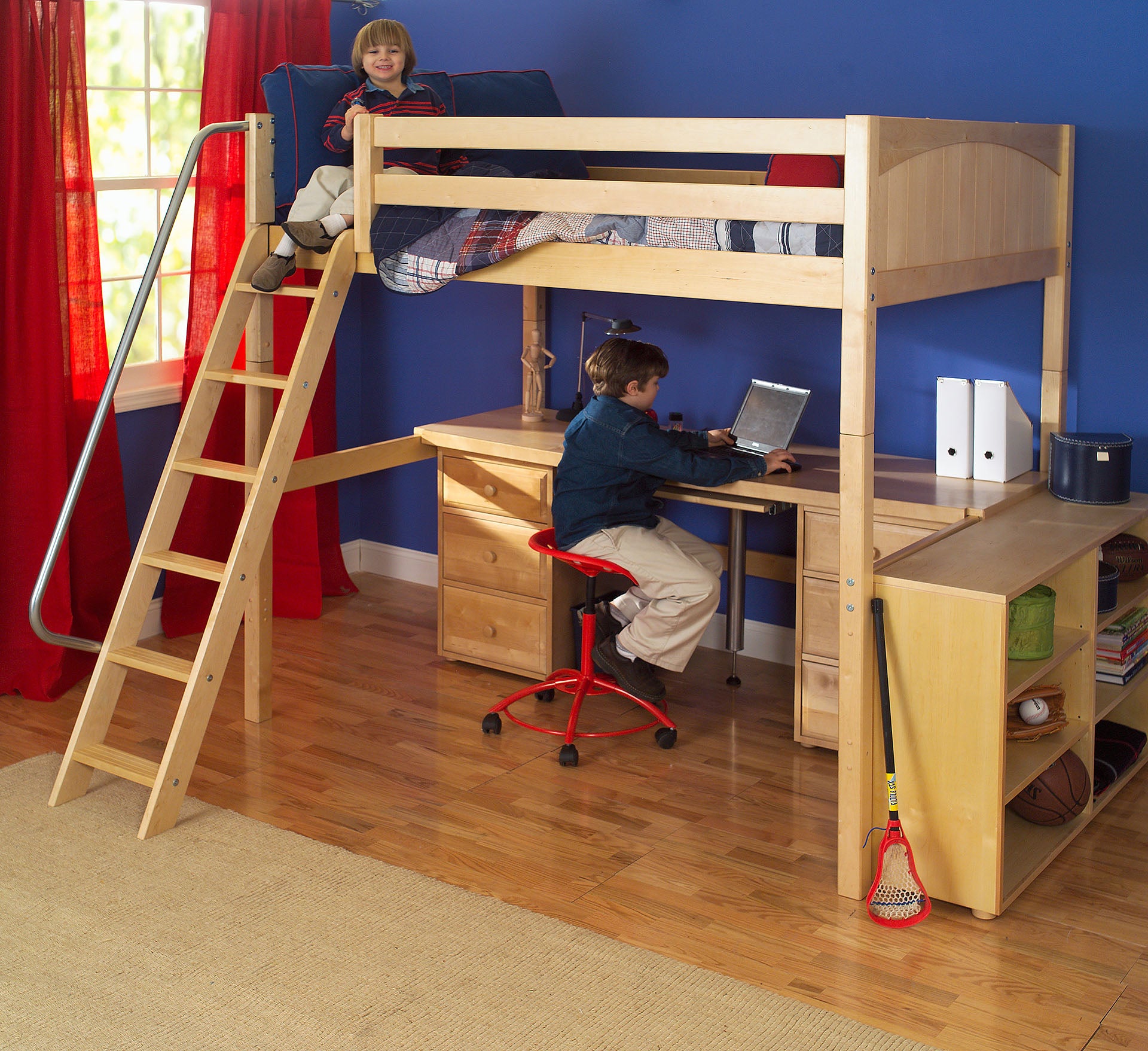 Maxtrix full size high loft with angled ladder, desk underneath, & bookcase (shown in natural with panel style headboards)
