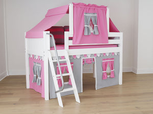 Maxtrix twin size panel style low loft with angled ladder and top & lower pink tents, shown in white.