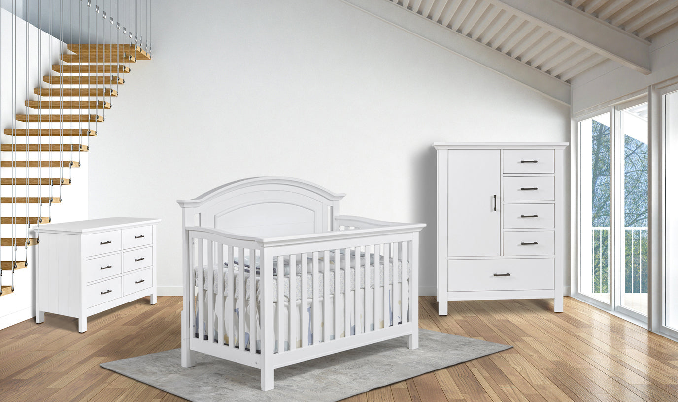 Como curved top crib, double dresser, & chifforobe, shown in vintage white